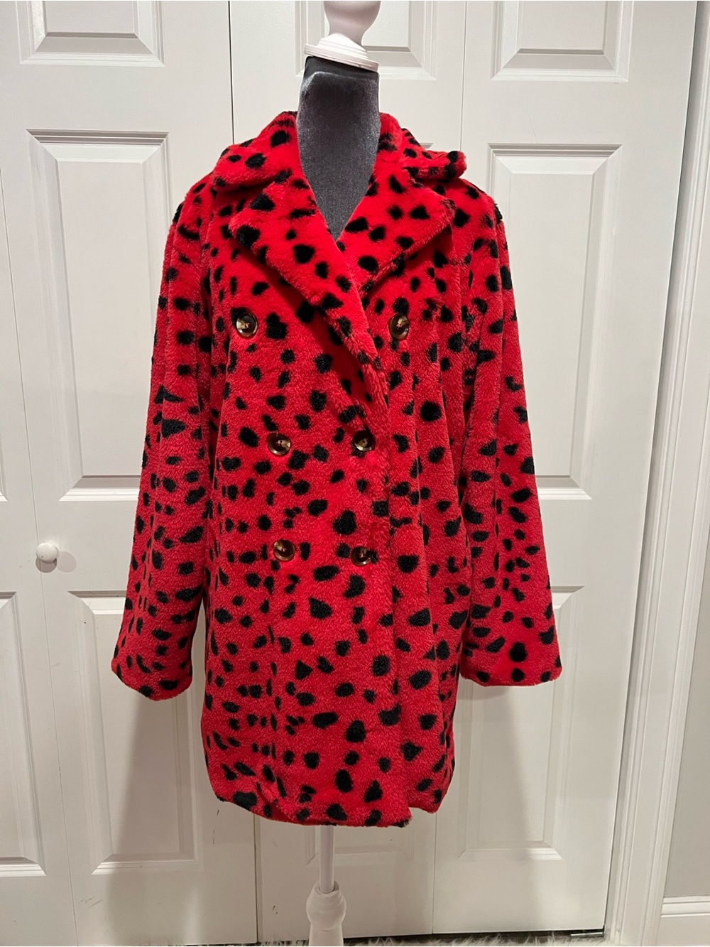 Red and Black Faux-Fur Animal Print Teddy Coat